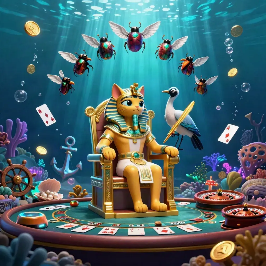 Pharaoh cat, ibis scribe, and scarabs amid an underwater treasure cove with casino symbols