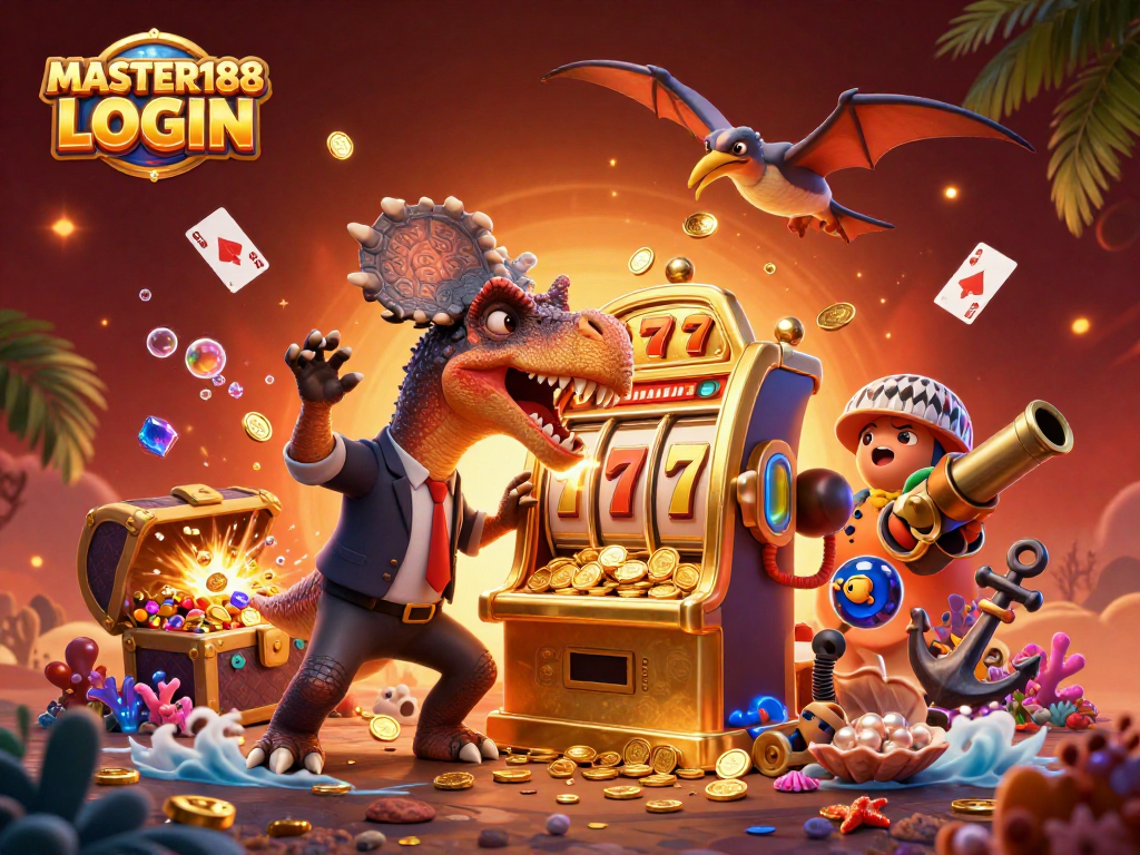 Experience the excitement of MASTER188 LOGIN with a cartoon dino jackpot scene featuring gold coins and slot reels.