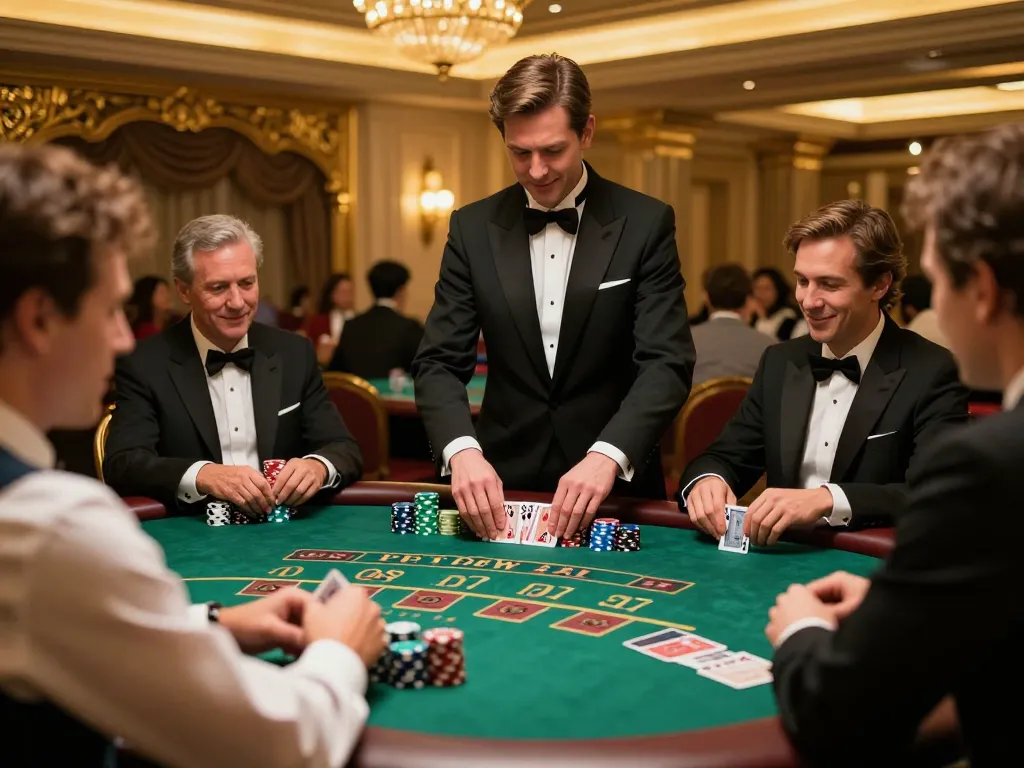 pemain rokok88 merencanakan strategi di meja blackjack, dealer membagikan kartu di setting kasino mewah