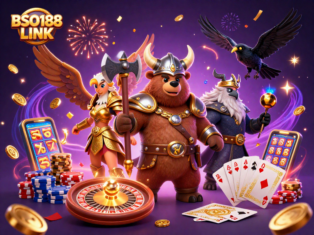 Experience winning excitement with BSO188 LINK in this vibrant 3D casino illustration.