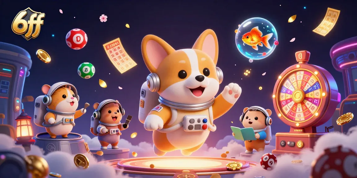 Experience the excitement at 6ff, featuring a playful corgi in a zero-gravity casino setting filled with vibrant game elements.