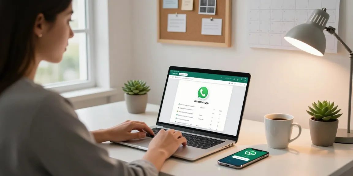 Professional using WhatsApp網頁版 in a bright home office setting, showcasing productivity and modern communication.