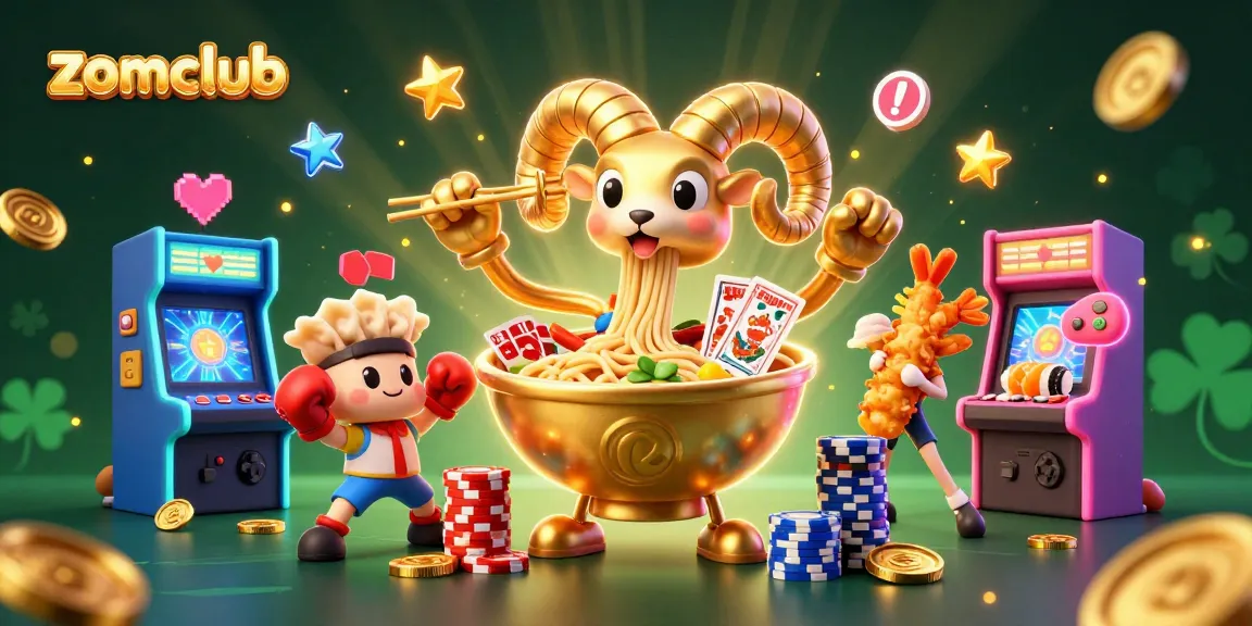 Zomclub offers thrilling gameplay with vibrant characters and casino elements in a dynamic illustration.