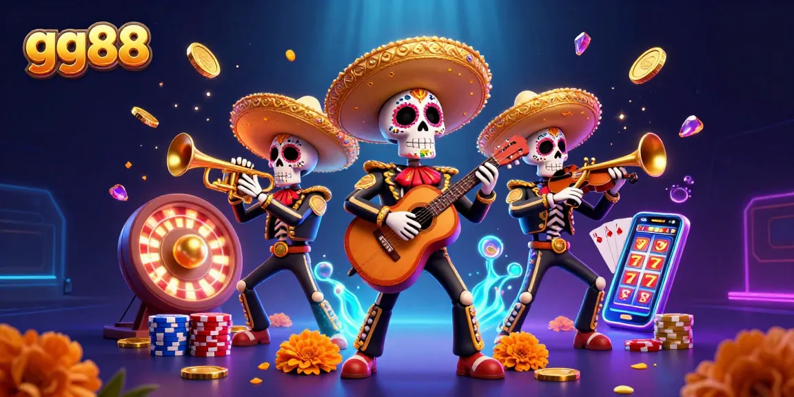 Experience thrilling games at gg88 with a lively casino scene featuring festive mariachi skeletons.