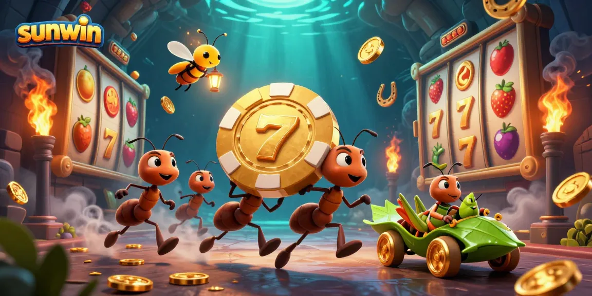 Play thrilling slot games with sunwin as ants carry a giant poker chip amidst vibrant casino elements.
