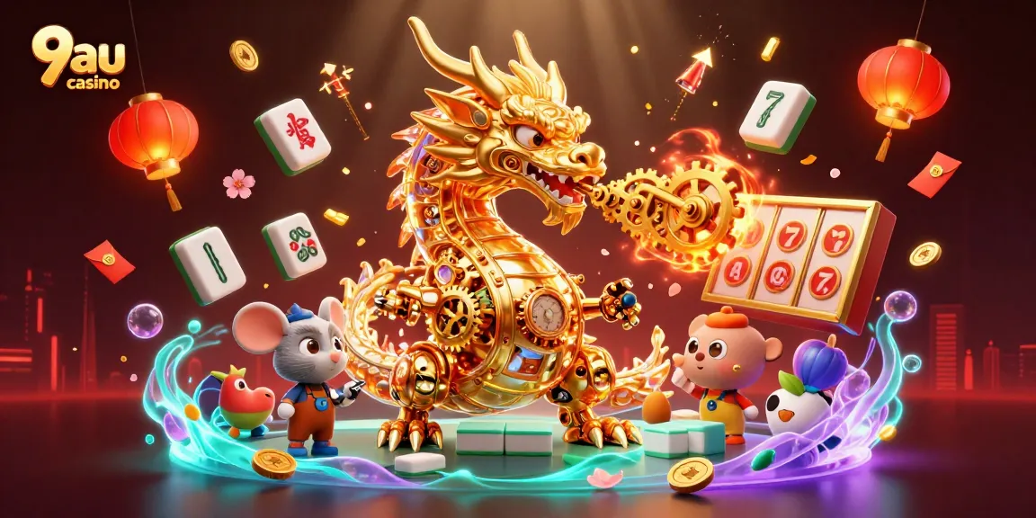 Engage in thrilling gameplay at 9au casino with vibrant 3D elements, showcasing golden dragon and slot machines.