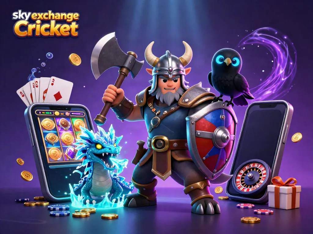 Experience sky exchange Cricket action with an interactive scene depicting a Viking warrior, dragon, and casino elements.