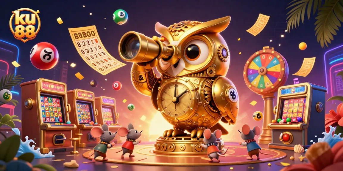 Engaging scene of ku 88 showcasing a golden owl and cash prizes spinning dynamically in a vibrant casino atmosphere.
