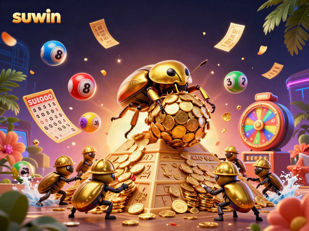 Experience suwin with this vibrant casino-themed illustration featuring dynamic lottery elements and teamwork.