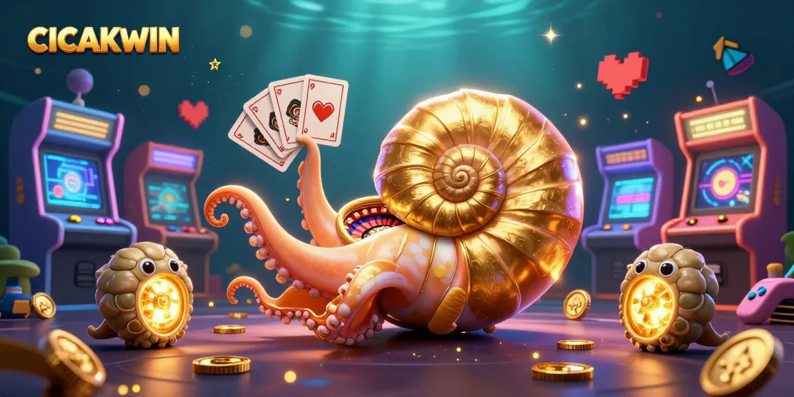 CICAKWIN showcases an engaging casino scene with a giant roulette nautilus, vibrant game elements, and glowing companions.