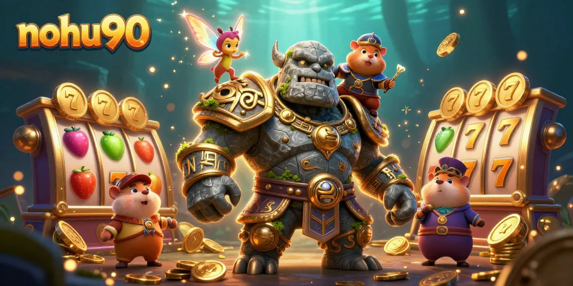 Experience the excitement of nohu90 as the stone golem and companions attract winning bonuses in a vibrant casino scene.