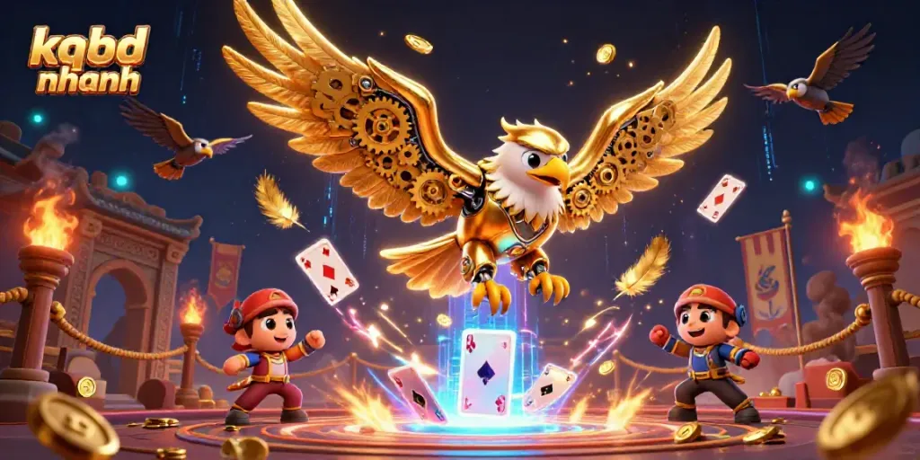 Engage with kqbd nhanh to witness a cybernetic eagle soaring through vibrant holographic card cascades.