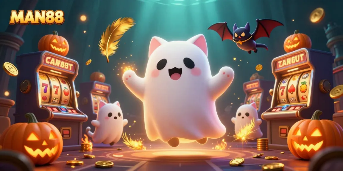 Engage in thrilling gameplay at MAN88 with a vibrant scene featuring a ghost cat, bat, and glowing pumpkins.