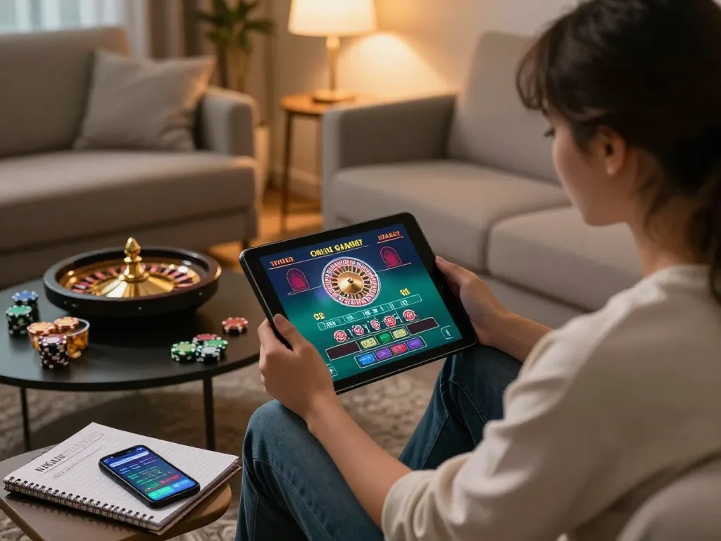 Player enjoying rik vip online casino with live dealer roulette, cozy home setup