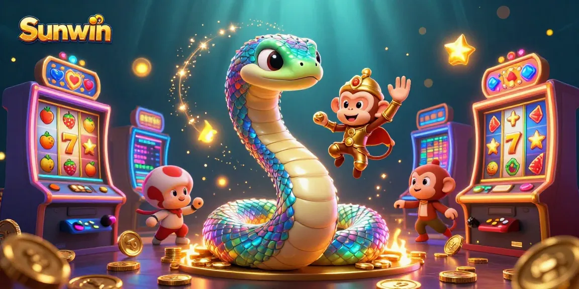 Join the vibrant Sunwin gaming adventure with colorful slot machines, iridescent characters, and magical light.