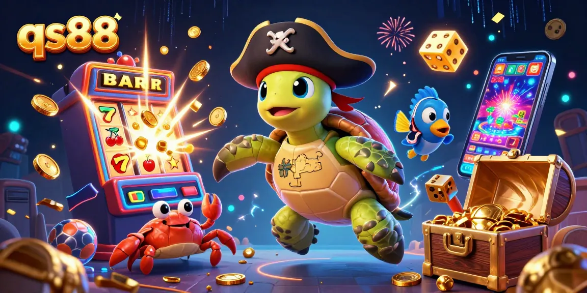 Experience the vibrant excitement of qs88 with a turtle, crab, and fish amidst a treasure trove of casino games.