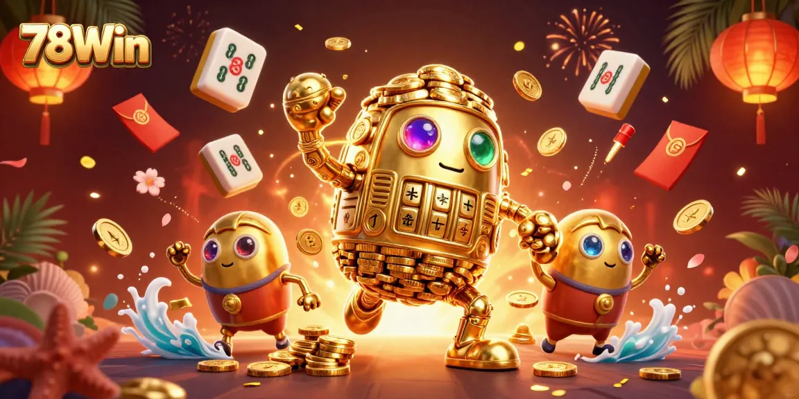 Experience the thrill of 78Win with vibrant casino elements and a golden golem symbolizing luck and winnings.