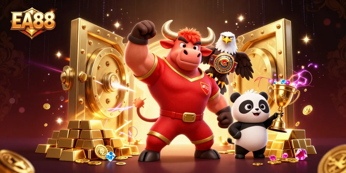 EA88 casino excitement featuring a bull mascot, eagle, and panda celebrating with treasure.