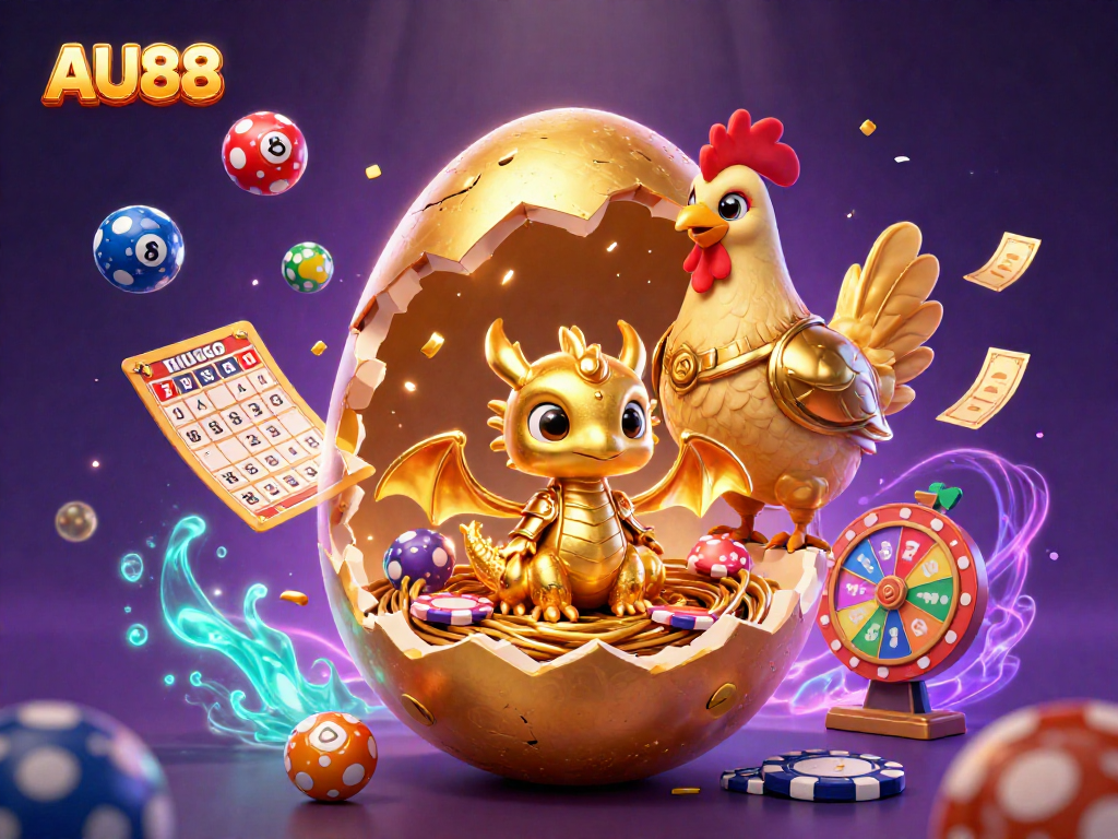Experience AU88's vibrant gaming world with a golden egg revealing a dragon amidst dynamic casino elements.