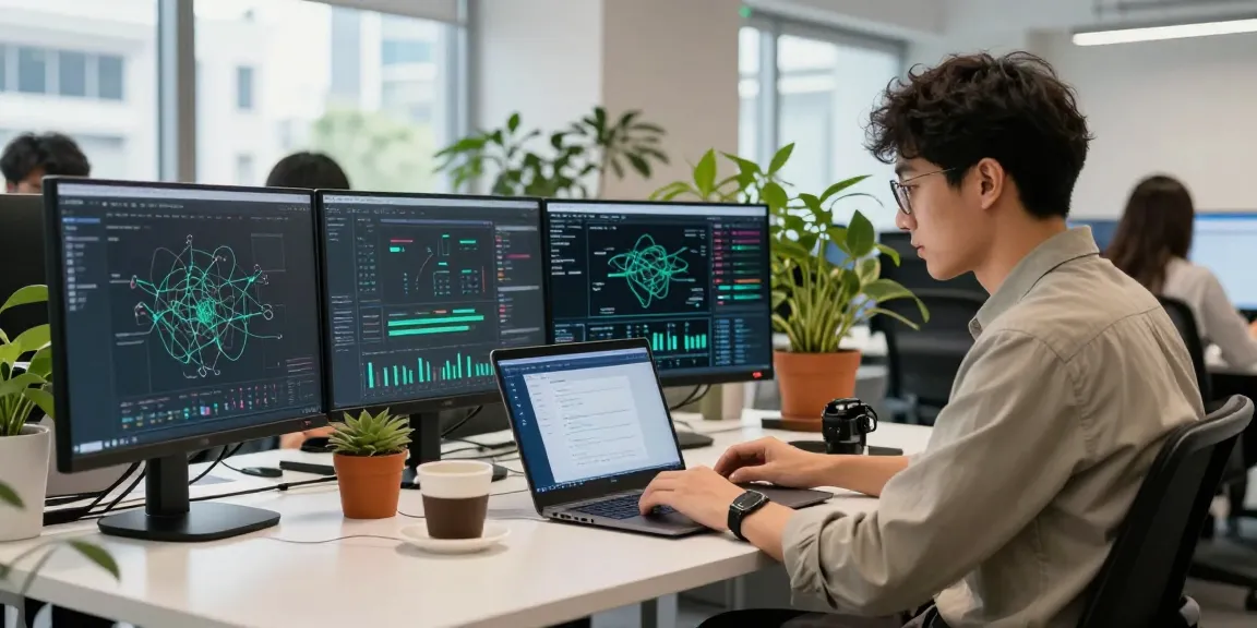 快连 application interface on a laptop in a modern tech workspace, showcasing network performance.