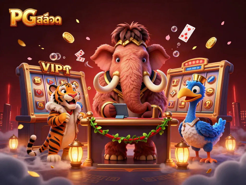 Engage with PG สล็อต and win big in this vibrant casino scene featuring majestic characters and dynamic slot elements.
