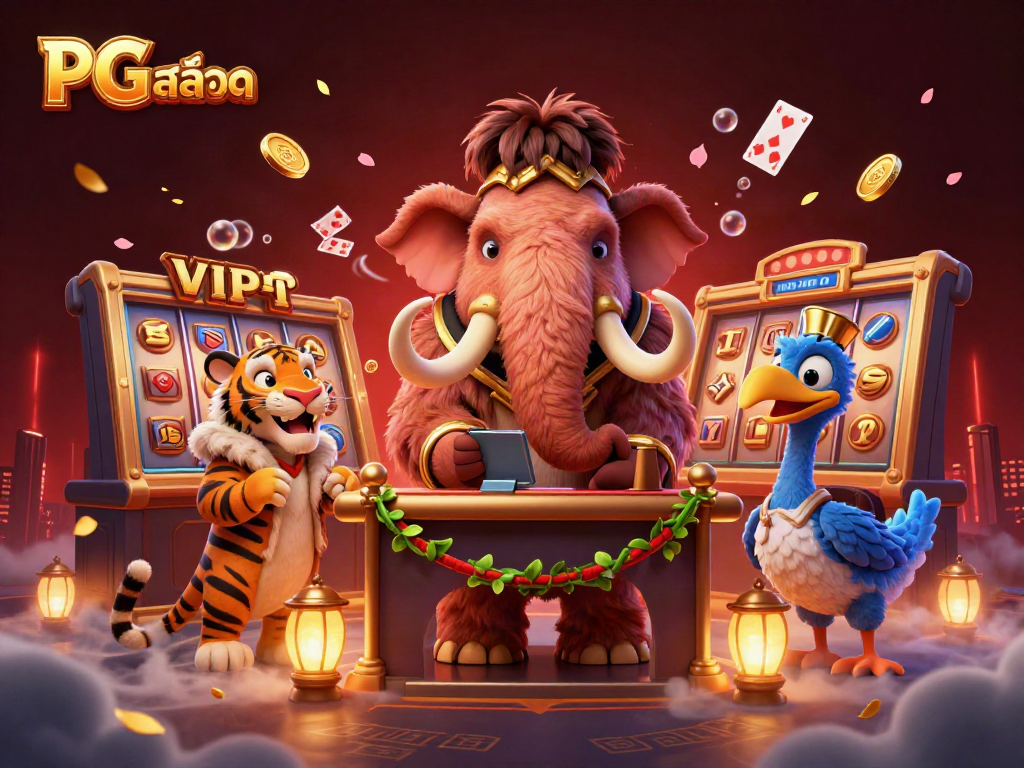 Engage with PG สล็อต and win big in this vibrant casino scene featuring majestic characters and dynamic slot elements.
