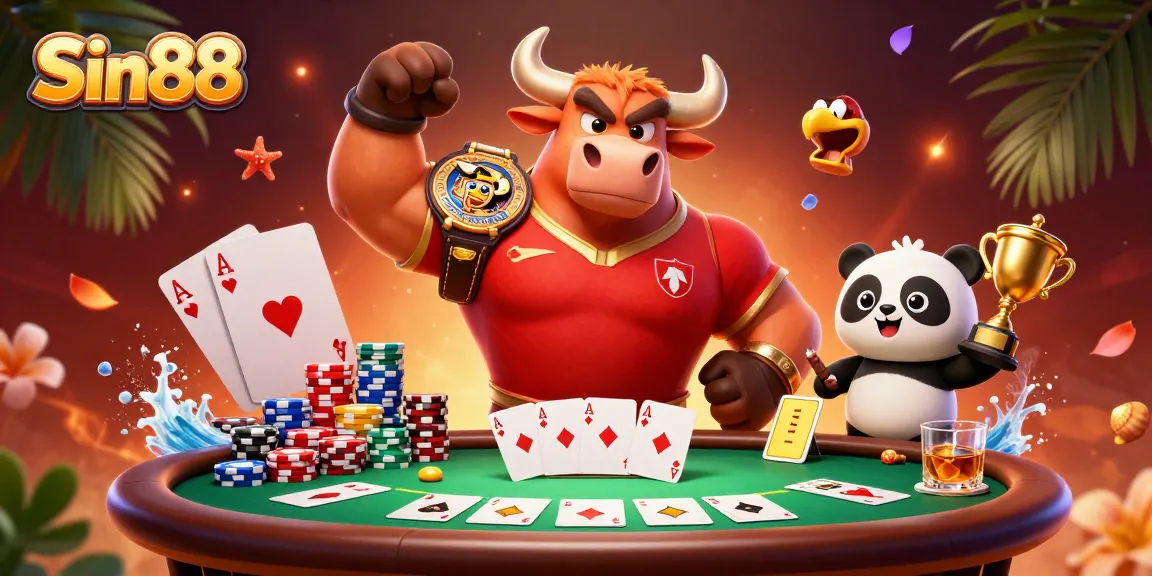 Engage in thrilling gameplay at Sin88 with a 3D cartoon bull, eagle, and panda celebrating at a poker table.