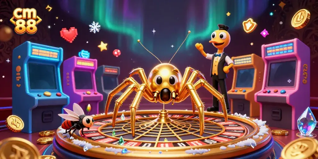 Engage with cm 88's thrilling casino atmosphere featuring a roulette wheel web and colorful game elements.