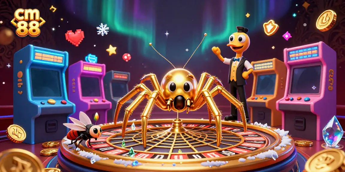 Engage with cm 88's thrilling casino atmosphere featuring a roulette wheel web and colorful game elements.