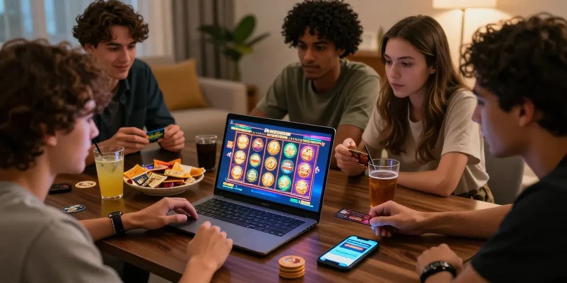 Paysafe Card Casino-Szene mit Freunden, die Online-Slots spielen, lebendige Spielgrafiken und gemütliche Wohnatmosphäre.
