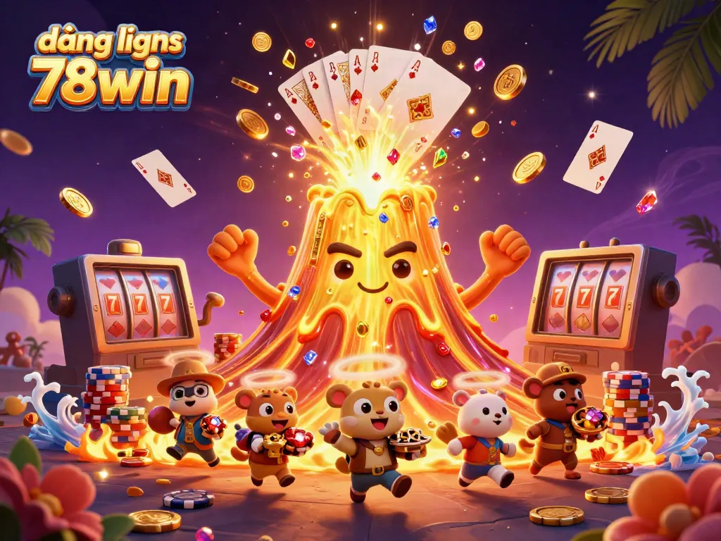 Spin to win with đăng nhập 78win as golden treasures erupt from a volcano amidst a vibrant casino scene.