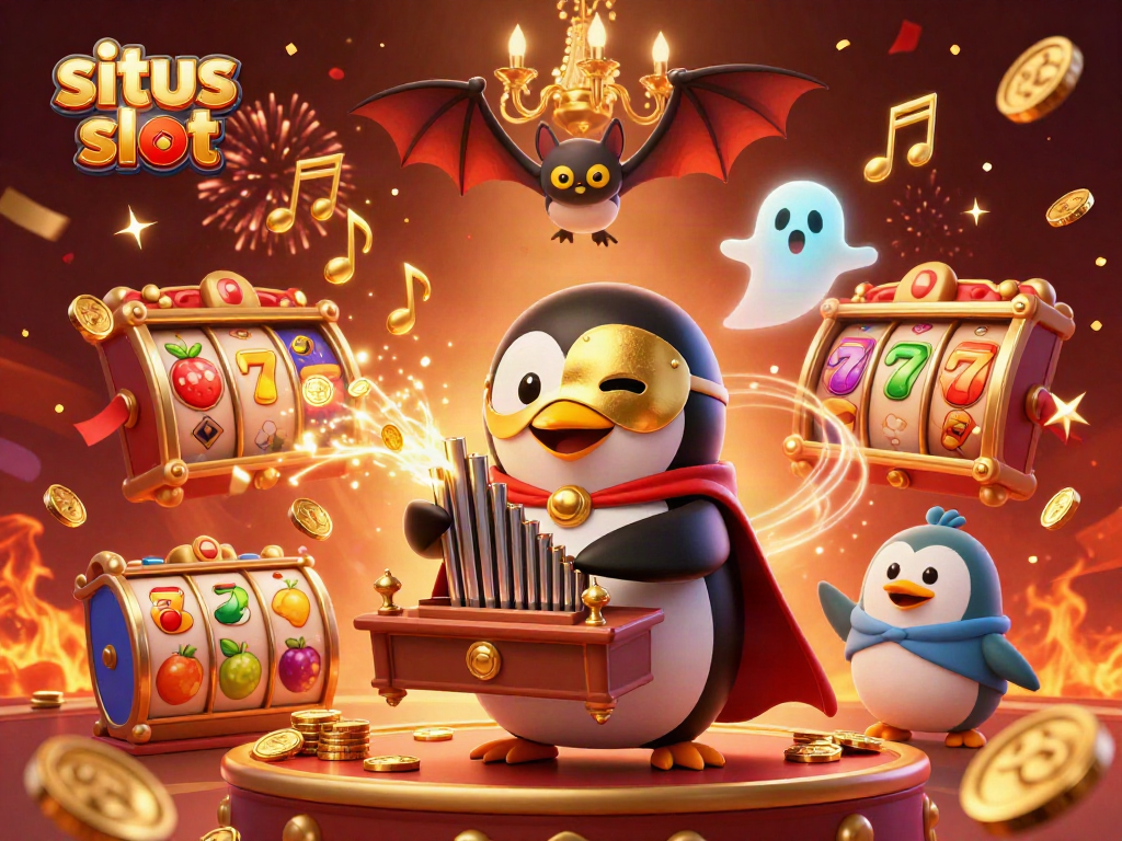 Experience the thrill of situs slot with a dynamic 3D casino scene filled with gold coins and joyful characters.