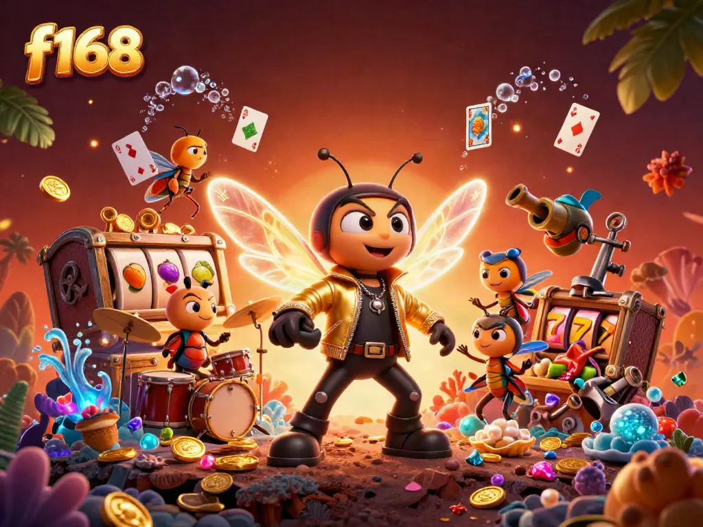 Spin the slots at f168 surrounded by colorful gems, gold coins, and lively characters.