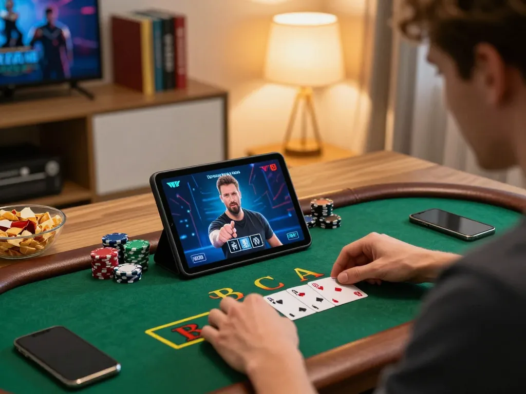 Player engaged in Blackjack on tablet in cozy setting, emphasizing strategic gameplay with 98win98.
