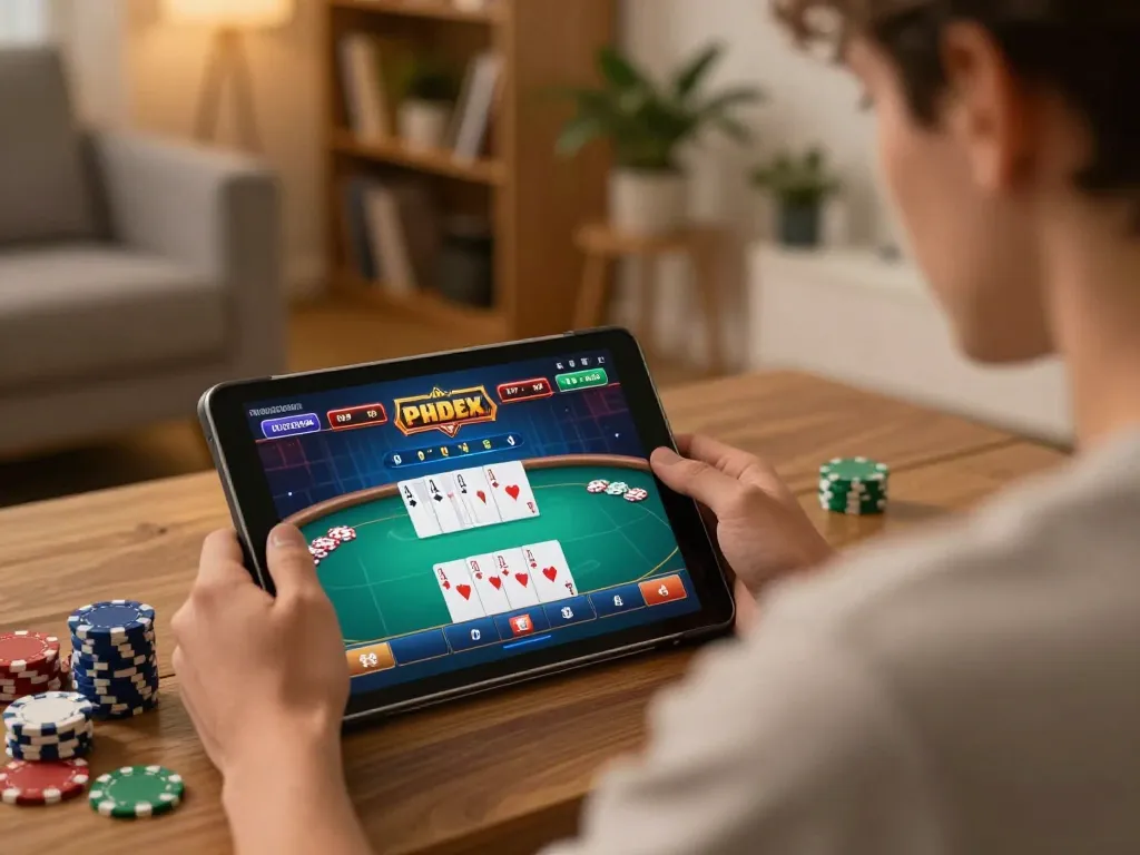 Player gambling on Go88 mobile app while enjoying a cozy home setting