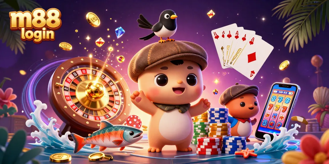 Engage with the exciting m88 login experience, featuring a vibrant casino scene full of colorful characters and gaming elements.