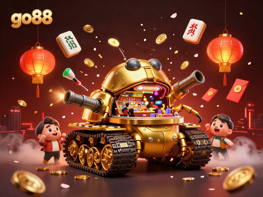 Go88 showcases a vibrant casino scene inside a golden beetle tank, perfect for gaming enthusiasts.