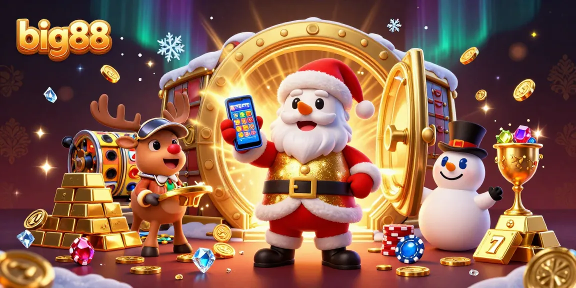 Win jackpots at big88 with Santa and friends in a vibrant, festive casino scene.