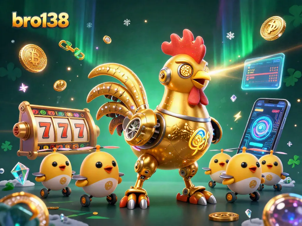 bro138 presents an exhilarating scene with a golden rooster robot and slot reels exploding with excitement.