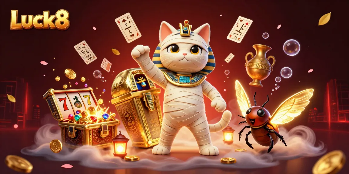 Luck8 mummy cat revealing treasures and slot elements in a vibrant casino scene.
