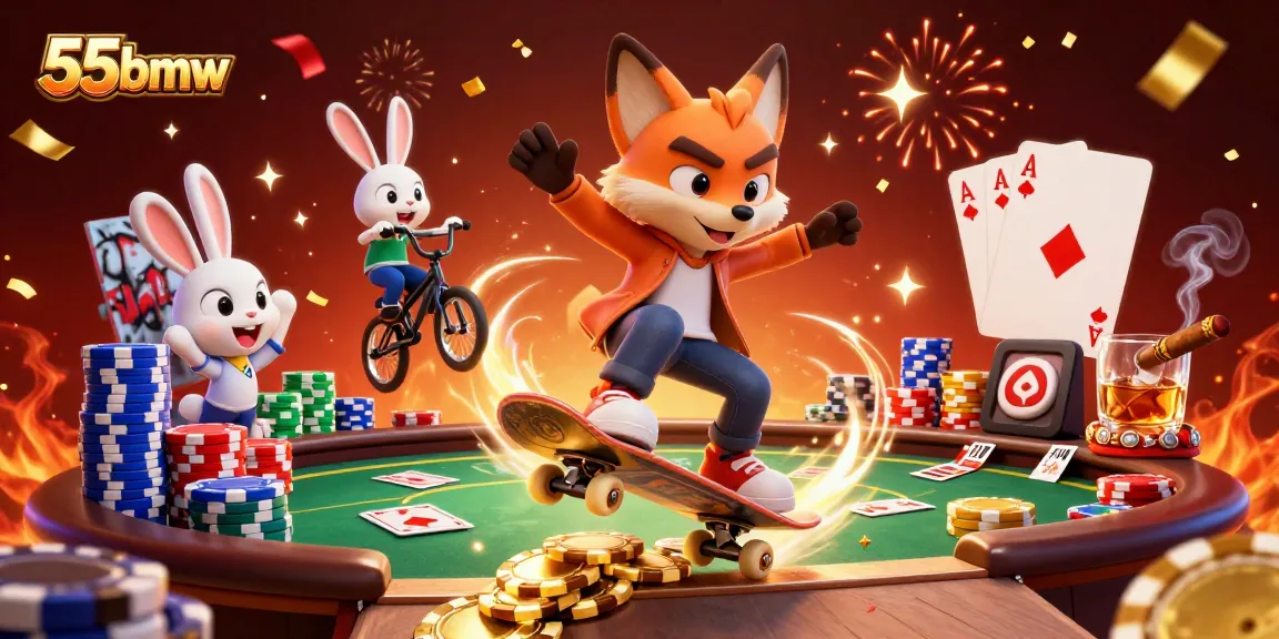 Experience thrilling gaming action at 55bmw with vibrant casino-themed characters and dynamic elements.