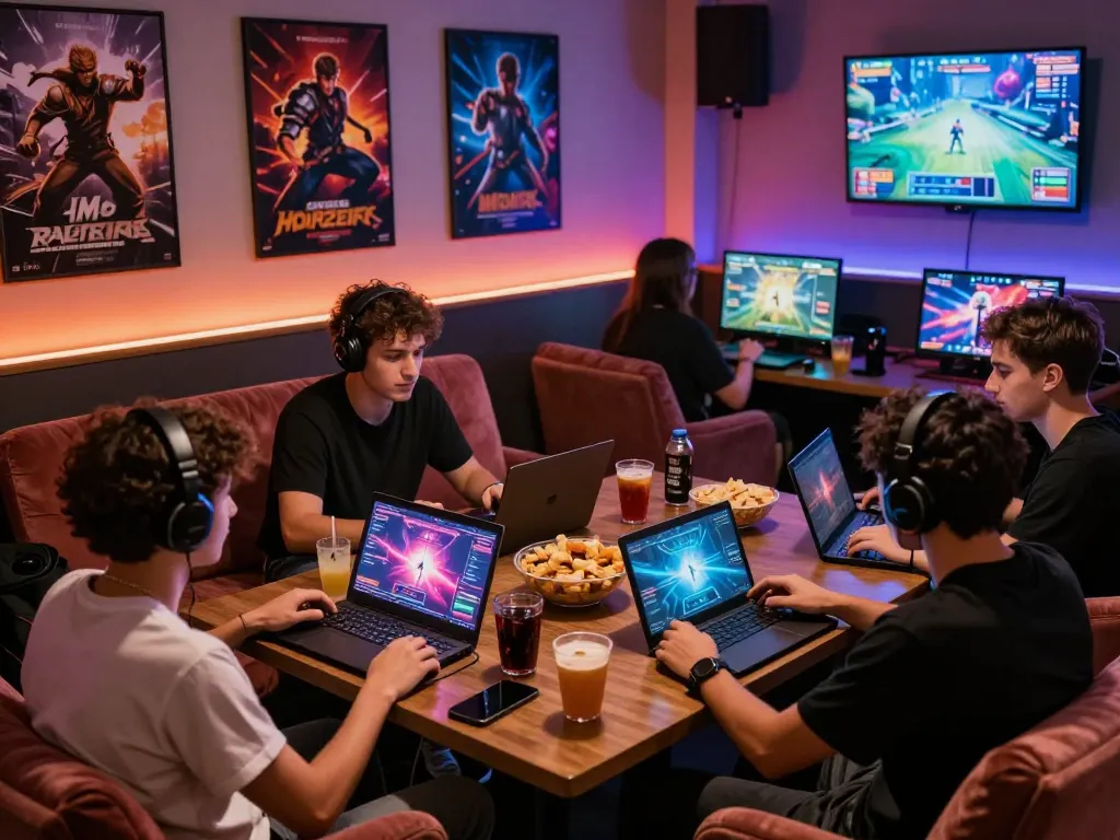 Group playing engaging game sex titles in a lively gaming lounge.