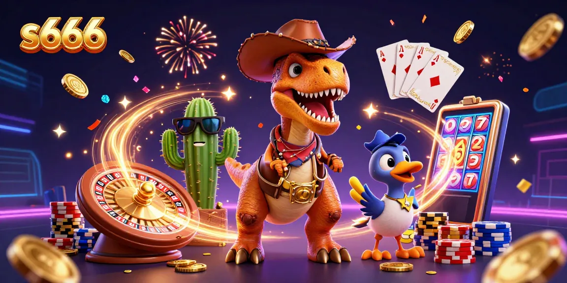 S666 offers thrilling adventures with cartoon characters spinning roulette and celebrating with winning slot reels.