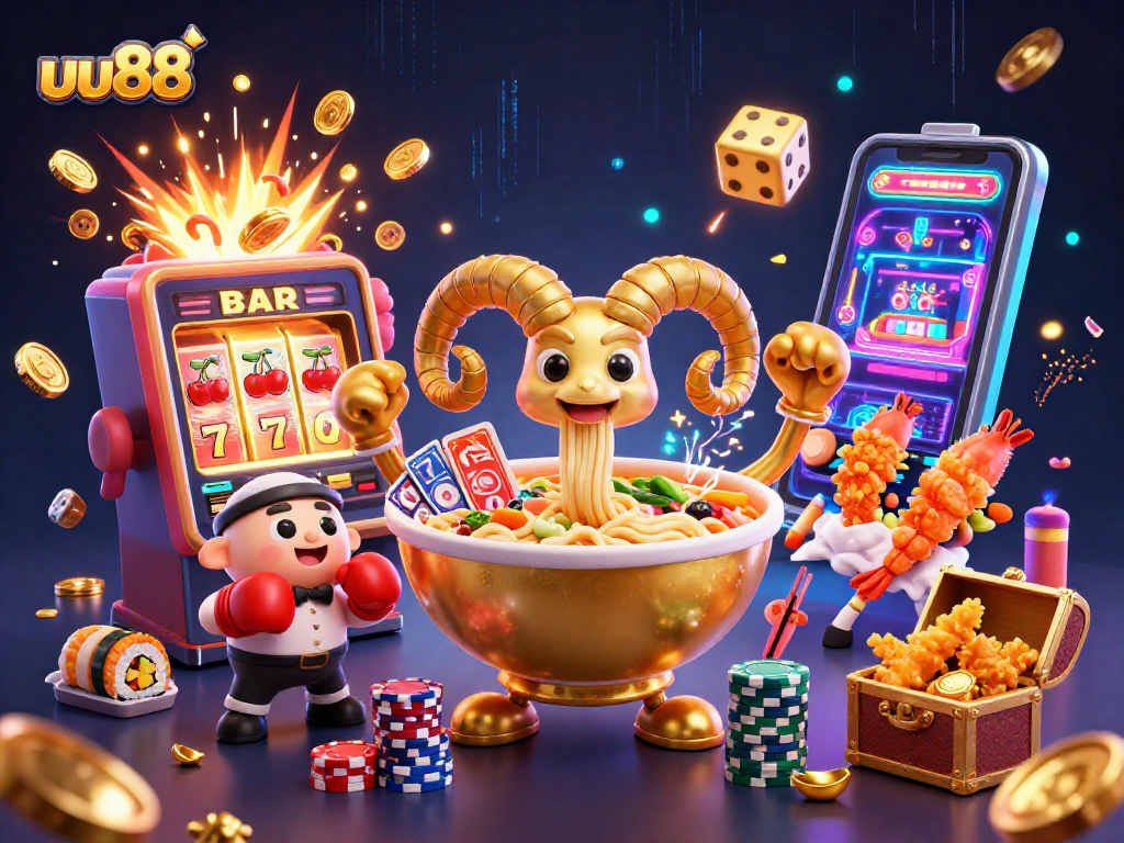 uu88 offers thrilling casino experiences with animated characters in a vibrant illustration.