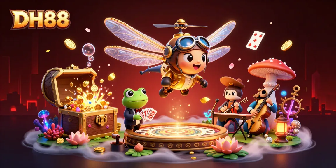 Experience the excitement of DH88 with a dragonfly pilot and frog croupier amidst vibrant casino scenes.