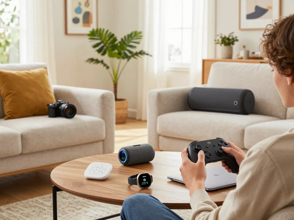 Engaged user exploring cool tech gadgets under $111 in a cozy living room setting including a gaming controller and Bluetooth devices.