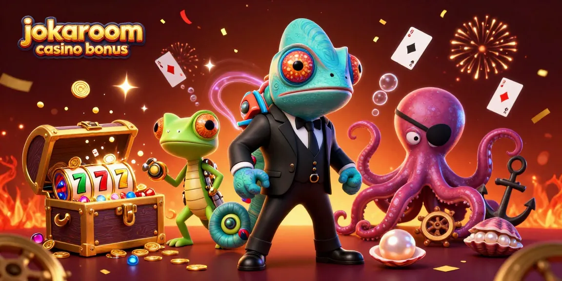 Engage with the vibrant jokaroom casino bonus in this dynamic 3D illustration featuring casino-themed characters and elements.