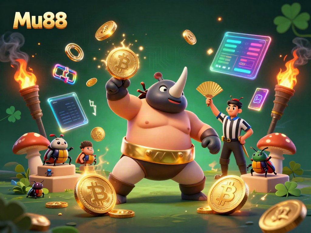 Mu88 players win as a sumo beetle stomps gold coins in a vibrant casino scene.