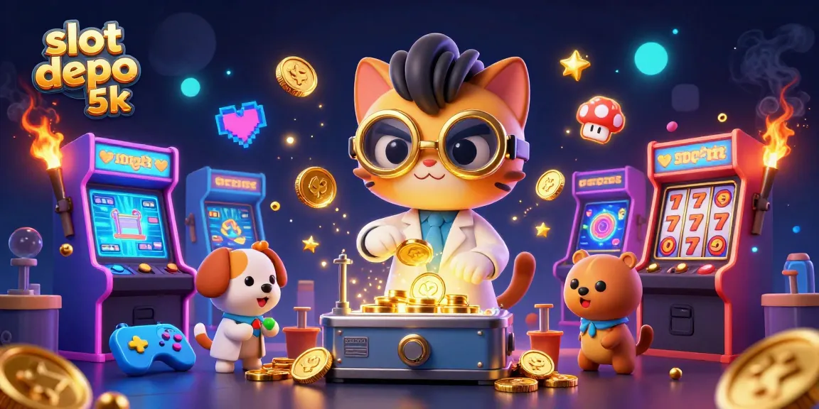 Play thrilling slot depo 5k with a mad scientist cat and dog in a colorful casino scene.