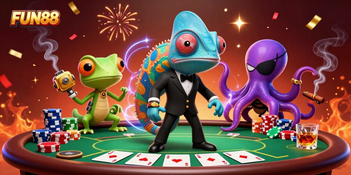 Experience FUN88 with vibrant casino action featuring colorful chips and characters in a lively atmosphere.